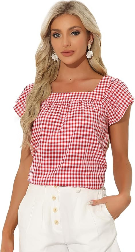 Allegra K Summer Square Neck Gingham Tops for Women's Cap Sleeve Tshirts Blouses | Amazon (US)