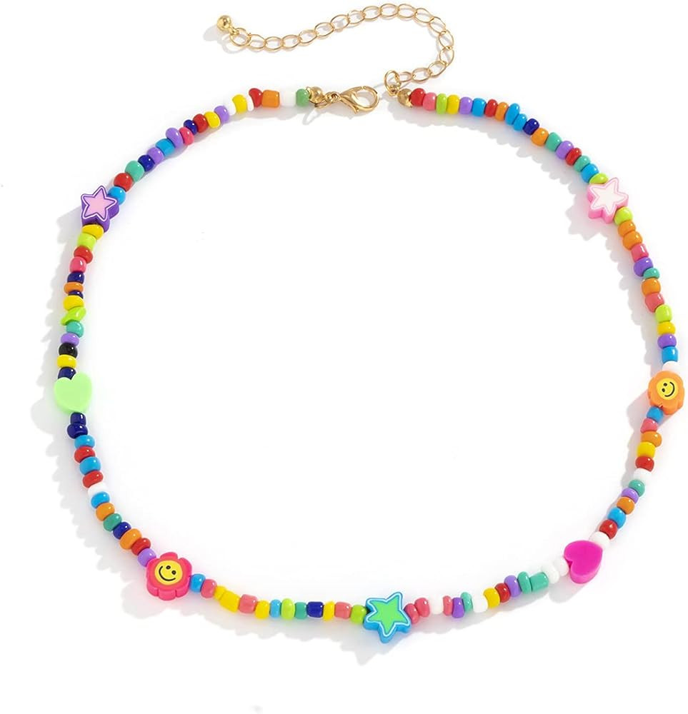 Boho Smiley Layered Beaded Necklaces with Strand Bracelet, Smile Face Star Fruits Flowers Heart S... | Amazon (US)