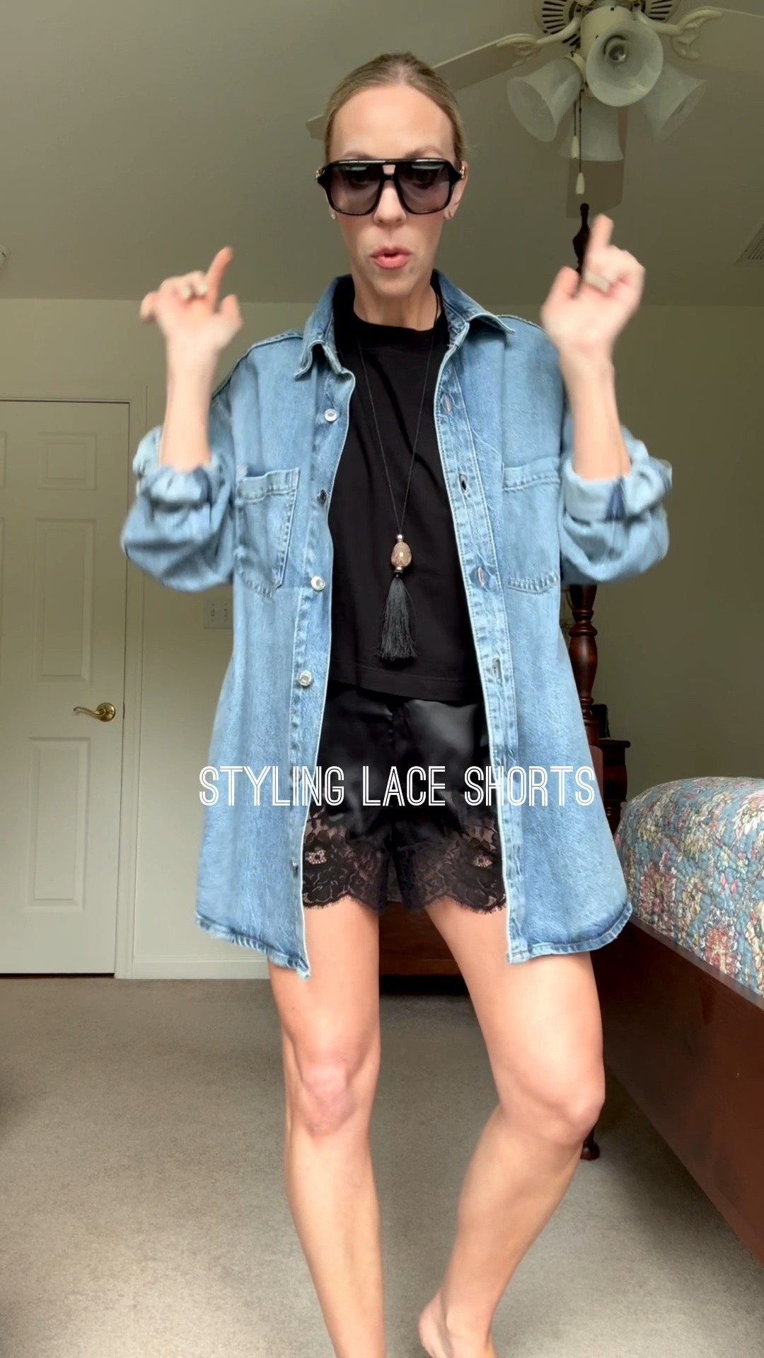 Styling lace shorts with cropped tee, oversized denim shirt, pendant necklace, thong sandals

#LTKSeasonal #LTKOver40 #LTKgrwm