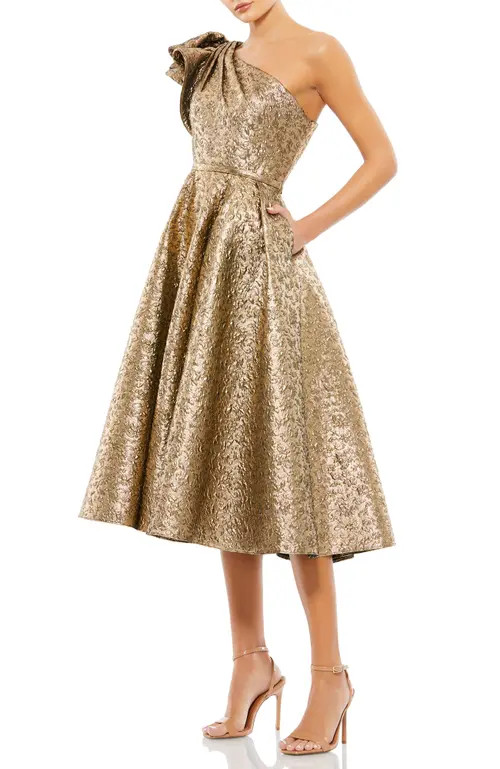 Mac Duggal One Shoulder Bow Midi Dress in Antique Bronze at Nordstrom, Size 14 | Nordstrom