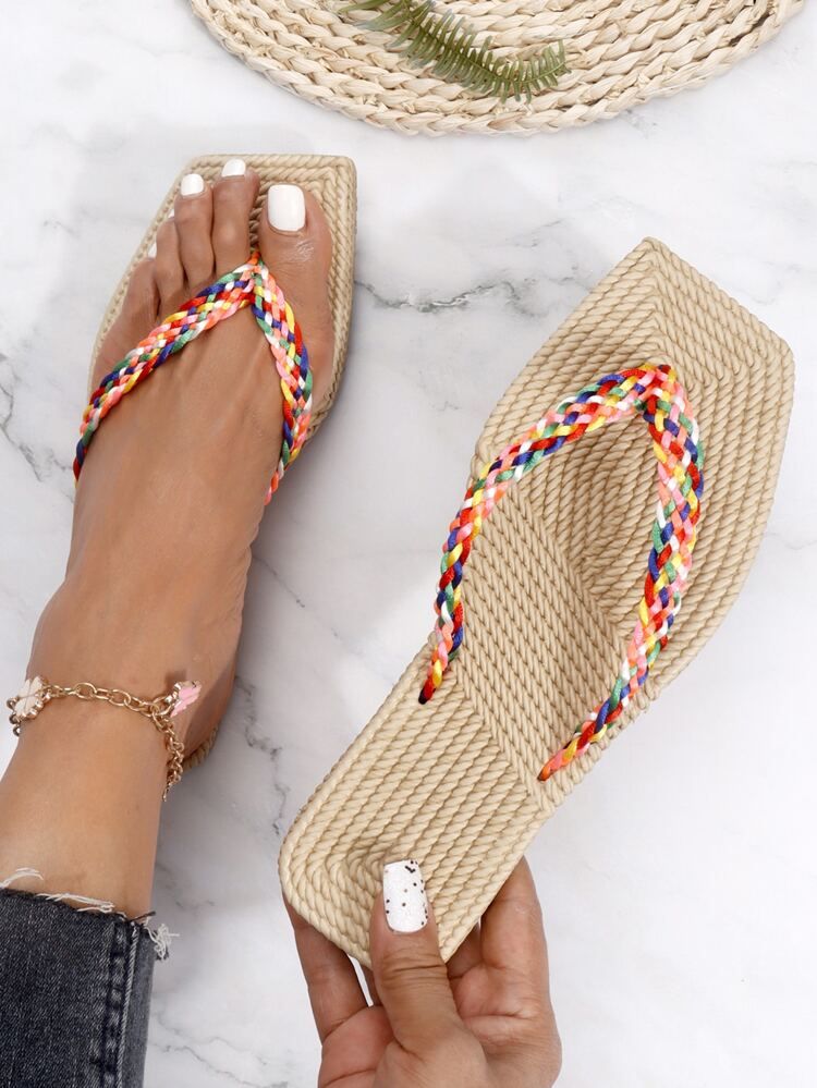 Color Block Braided Design Thong Sandals | SHEIN