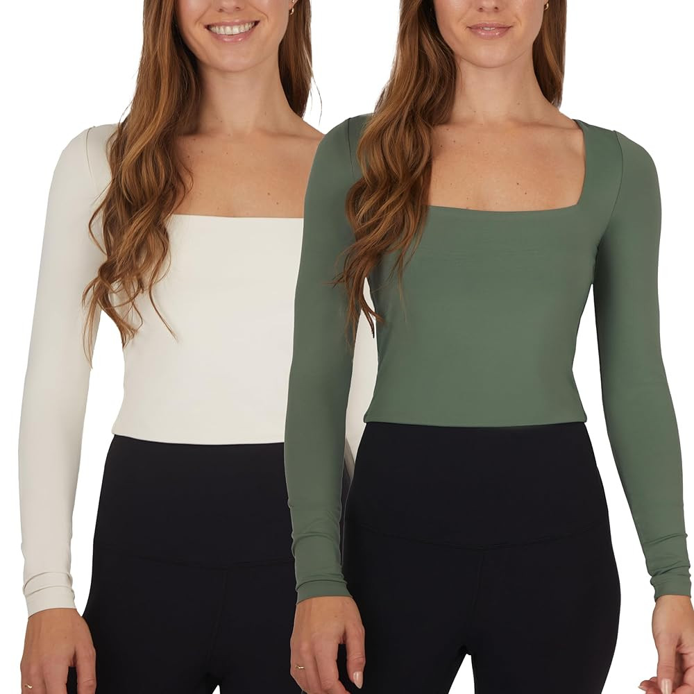 90 Degree By Reflex 2 Pack Contour Long Sleeve Top Square Neck Lightweight Soft Cropped Shirt for... | Amazon (US)