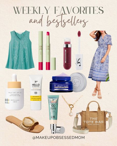 This week's favorites and bestsellers include a cute teal blue sleeveless top, a serum lip gloss, tinted primer serum, chic blue patterned midi dress, neutral slip-on sandals, tote bag and more!
#beautyfavorites #summerfashion #selfcare #midlifestyle

#LTKSeasonal #LTKBeauty #LTKShoeCrush