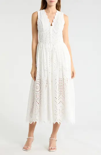 Scallop Neck Cotton Eyelet Midi Dress | Nordstrom