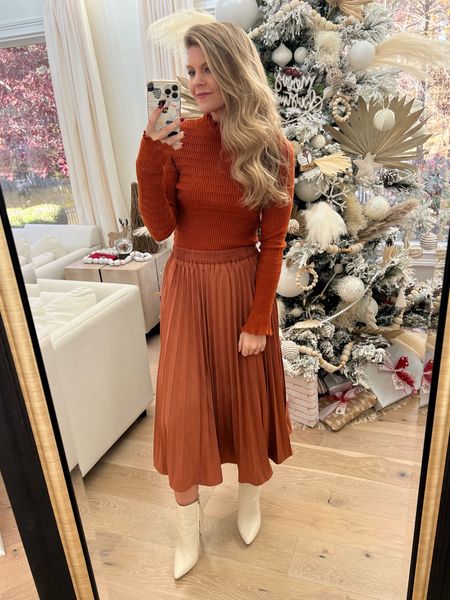 Suede skirt. Orange skirt. Orange sweater. Fall sweater. Fall outfit. Pink blush