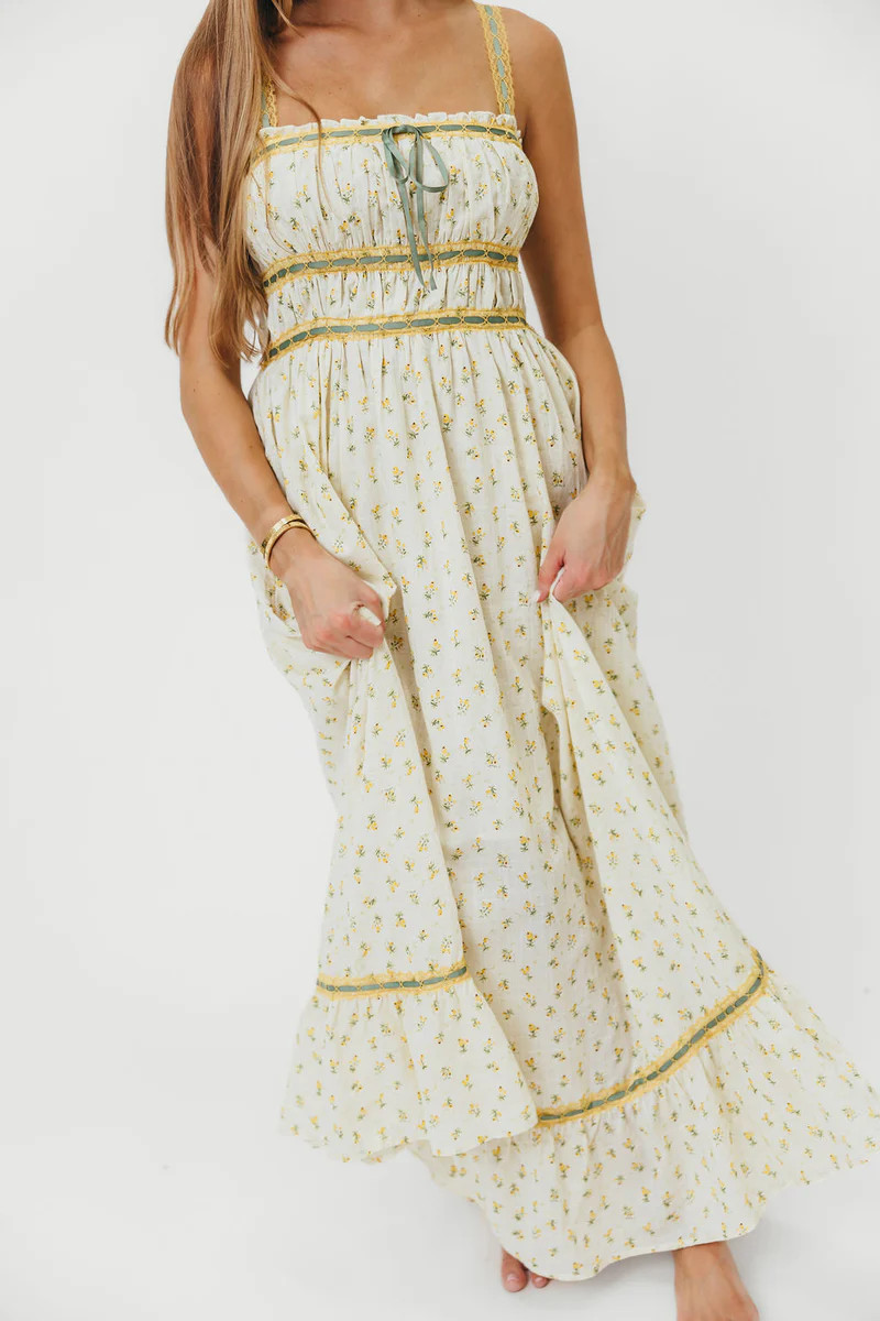 Cindy Floral Lace Contrast Maxi Dress in Daffodil | Worth Collective