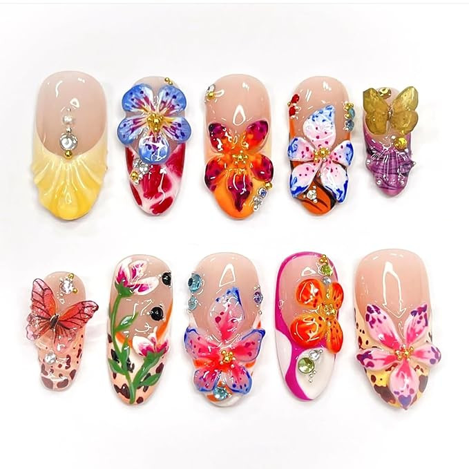 3D Flower Summer Press on Nails Medium Almond, 24pcs Colorful Butterfly Floral Design Pretty Beac... | Amazon (US)