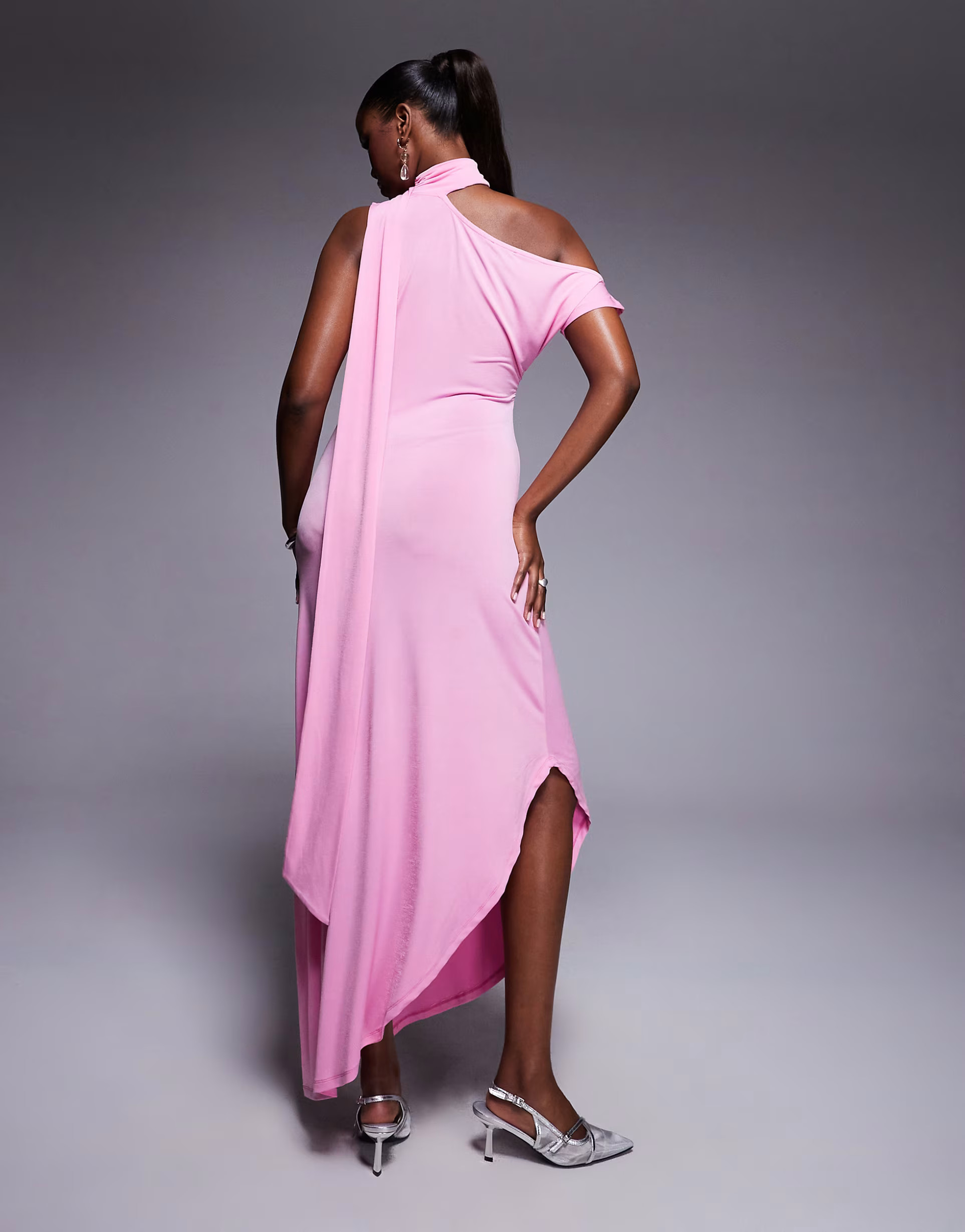 ASOS DESIGN fallen shoulder asymmetric hem midi dress with neck tie detail in pink | ASOS (Global)
