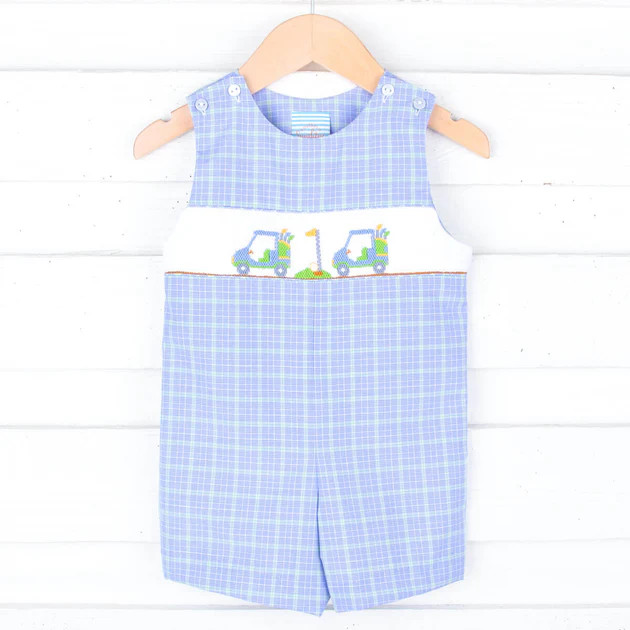Play Golf Blue Plaid Smocked Jon Jon | Classic Whimsy