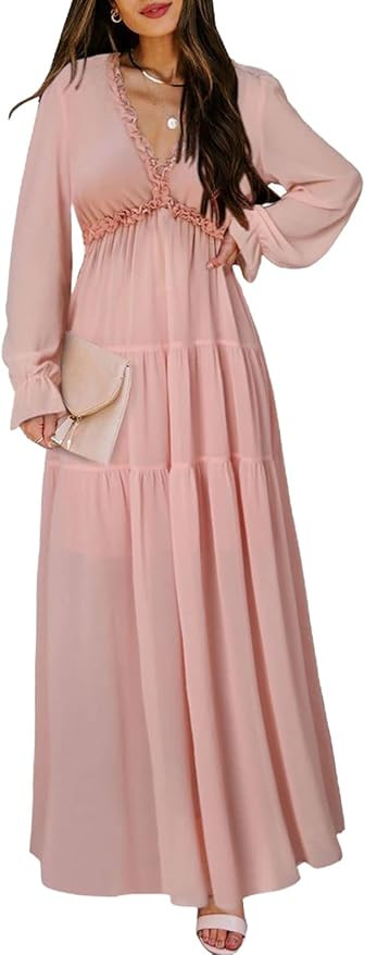 BLENCOT Womens Casual Floral Deep V Neck Long Sleeve Long Evening Dress Cocktail Party Maxi Weddi... | Amazon (US)