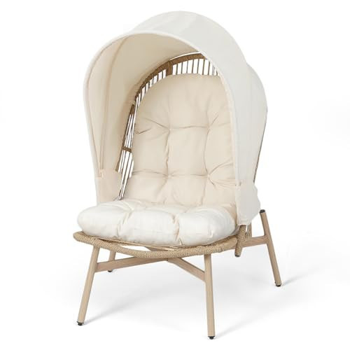 Athena Collection Rattan Egg Chair with Foldable Canopy, Patio Egg Chair Indoor Outdoor Lounge Egg Chair with Stand & Detachable Cushion for Garden, Porch, Backyard, Balcony, Beige | Amazon (US)