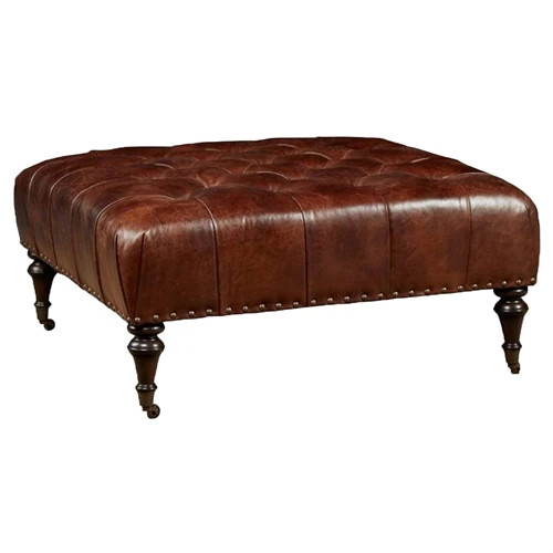Riona Updated Traditional Brown Leather Nailhead Trim Tufted Square Cocktail Ottoman | Kathy Kuo Home