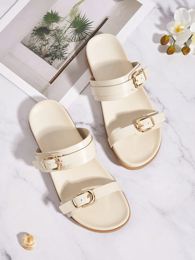 Casual White Metal Square Toe Flat Sandals Slippers With Buckle, Perfect For Holiday,Spring Summe... | SHEIN