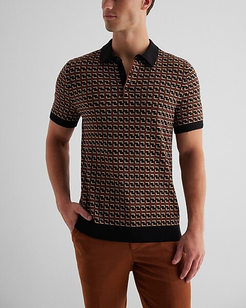 Grid Geo Cotton Short Sleeve Sweater Polo | Express