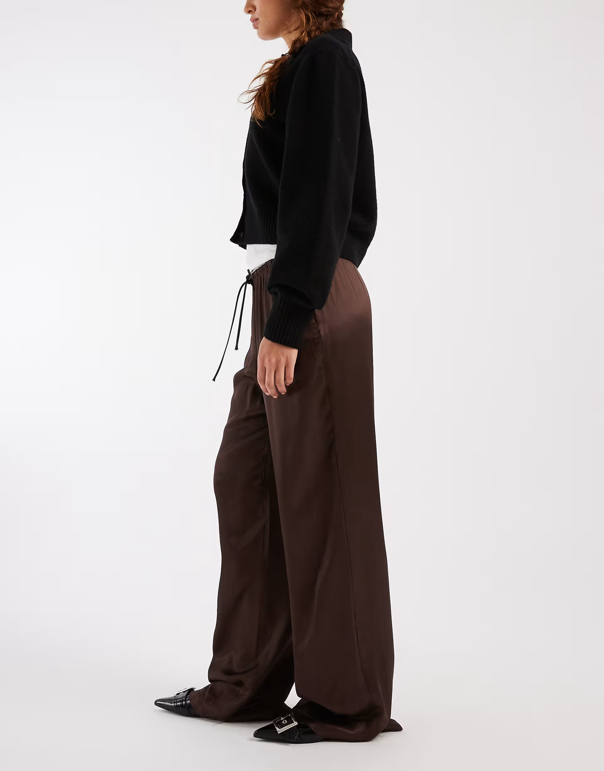 ASOS DESIGN satin wide leg pull on trouser in chocolate | ASOS (Global)