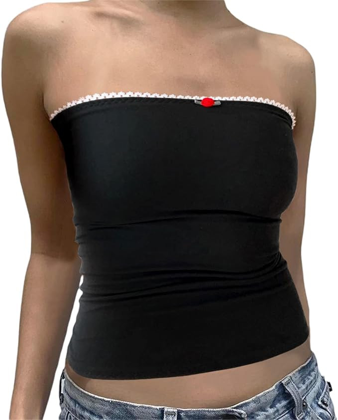 Womens Lace Trim Tube Crop Tops Sheer Mesh Backless Strapless Tops Fairy Grunge Band... | Amazon (US)