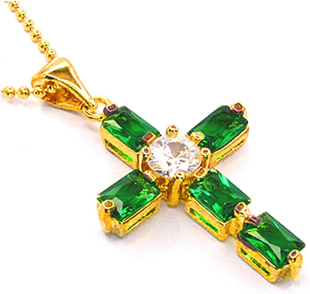 RIZILIA Cross Pendant with 18" Chain & Rectangular Cut CZ [6 Colors Available] in Yellow Gold Pla... | Amazon (US)