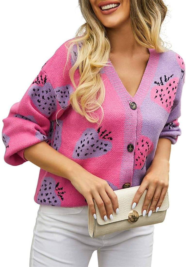 CHARTOU Women's Fall Casual Slouchy Strawberry Print Color Block Button Down Cardigan Sweater | Amazon (US)