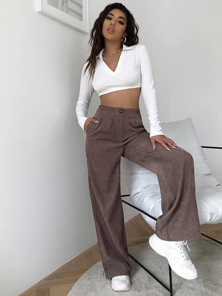 SHEIN EZwear High Waist Cord Wide Leg Pants | SHEIN
