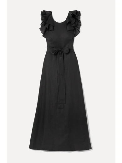 Kalita - Eros Belted Ruffled Linen Maxi Dress - Black | NET-A-PORTER (US)