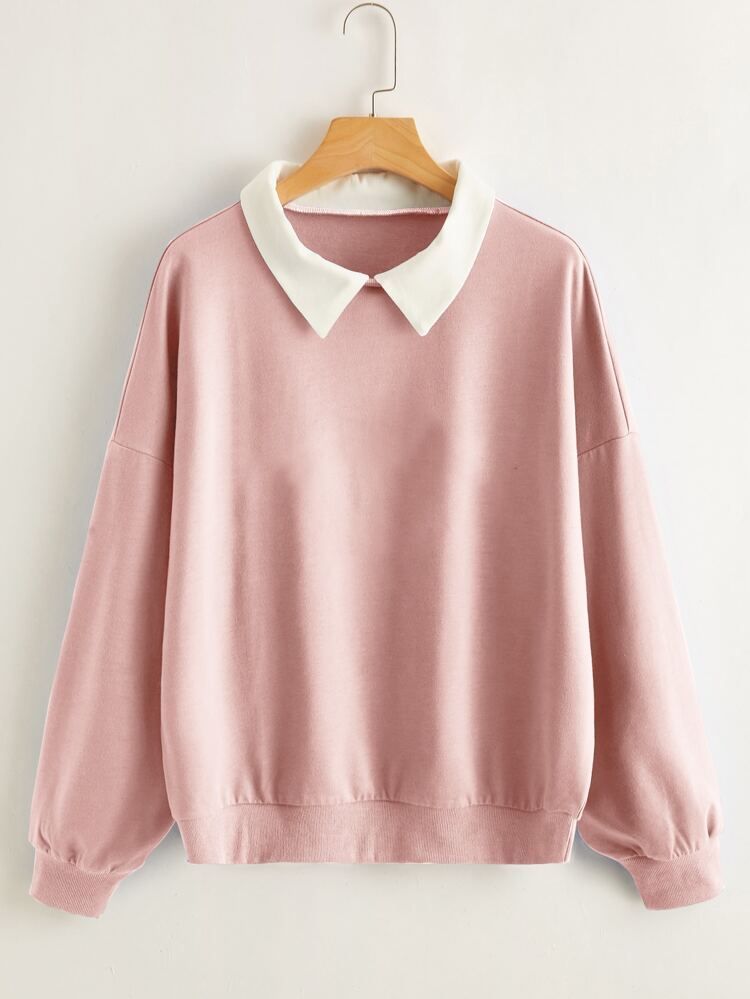 Plus Contrast Collar Drop Shoulder Sweatshirt | SHEIN