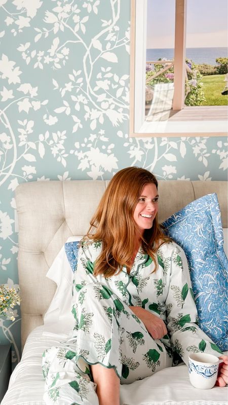 Lily of the valley pajamas, pajamas, Heidi Carey pajamas, floral pajamas, Mother’s Day gifts, bedroom decor, bedroom sham, blue and white euro sham, bamboo sheets, bed linens, bedding refresh, spring linen refresh 