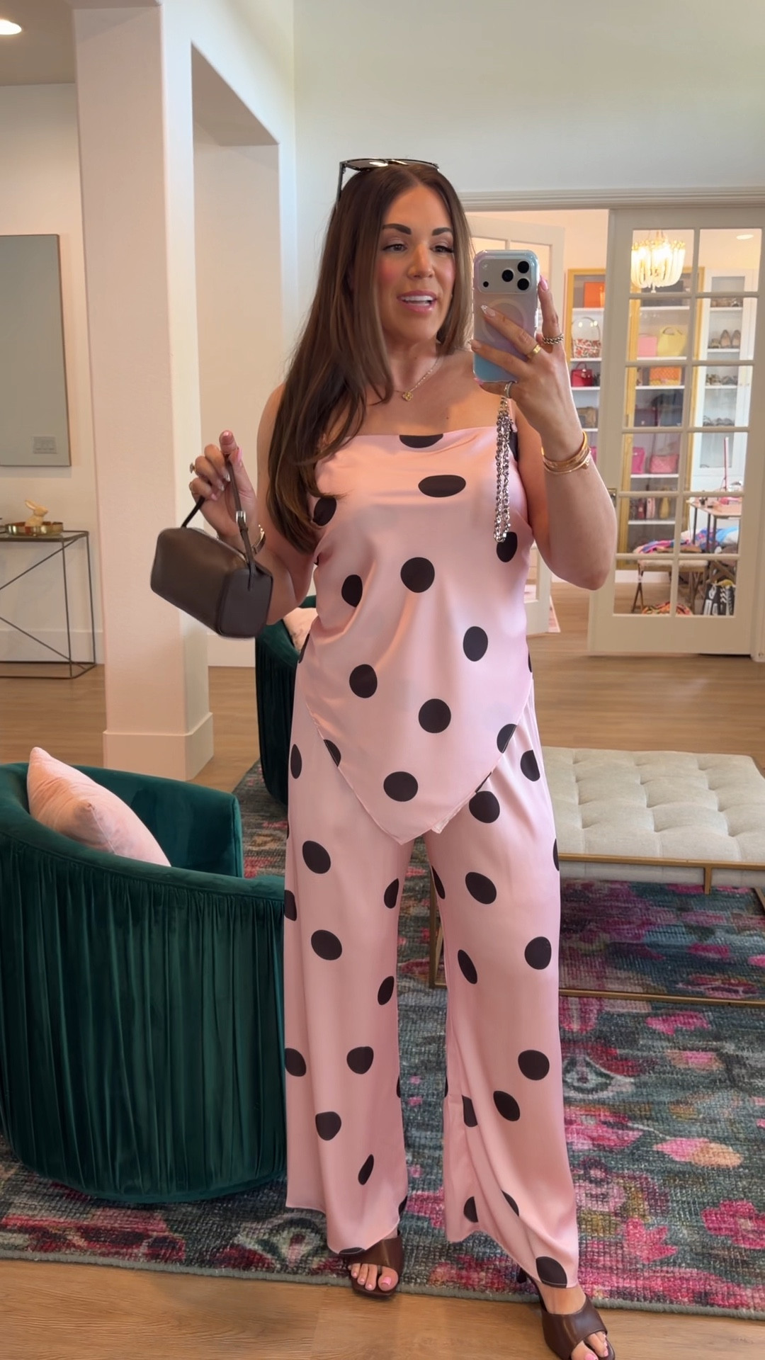 curvy midsize pink and chocolate brown polka dot set! in the size m/l in top and size large in pants. top can be strapless! obsessed with the scarf top! 

#LTKMidsize #LTKSeasonal