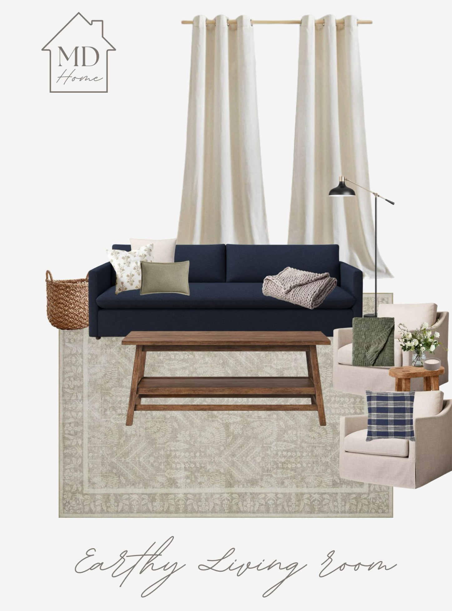 Earthy living room design concept. For this design, I wanted to use the colors green and blue along with linen textures and some neutrals against the wood tables. 

#LTKHome #LTKStyleTip #LTKGiftGuide
