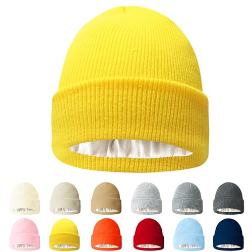 AGLIFEFY Winter Beanie Knit Cuffed Silk Lining Hats Warm Beanies for Women Men (Bright Yellow with Satin Lined) | Amazon (US)