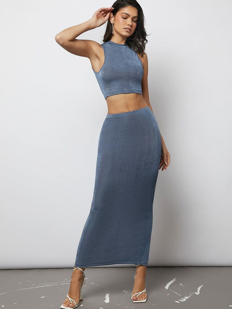 SHEIN Unity Solid Crop Tank Top & Pencil Skirt Set | SHEIN
