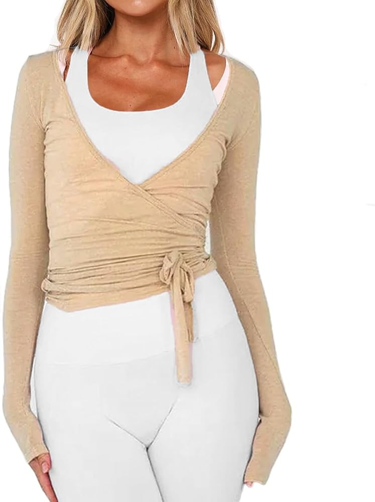 Women Ballet Wrap Top Long Sleeve Self Tie Dance Shirt Pilates Yoga Tops Y2k Workout Active Blous... | Amazon (US)