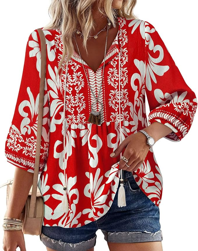 Vivilli Womens Summer Boho Babydoll Tops 3/4 Sleeve Pleated Peplum Blouses Casual V Neck Tie Fron... | Amazon (US)