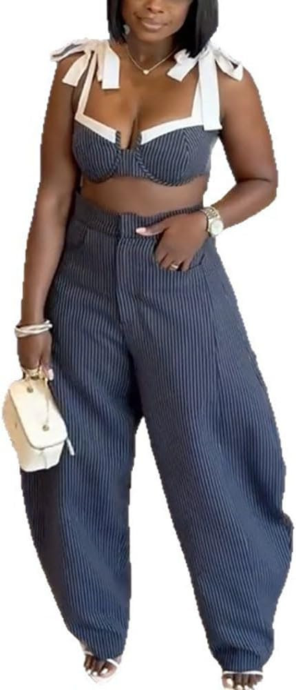 Travel Outfits for Women 2 Piece Sets Sexy Trendy Bow Tie Shoulder Strap Crop Top and Wide Leg Pa... | Amazon (US)