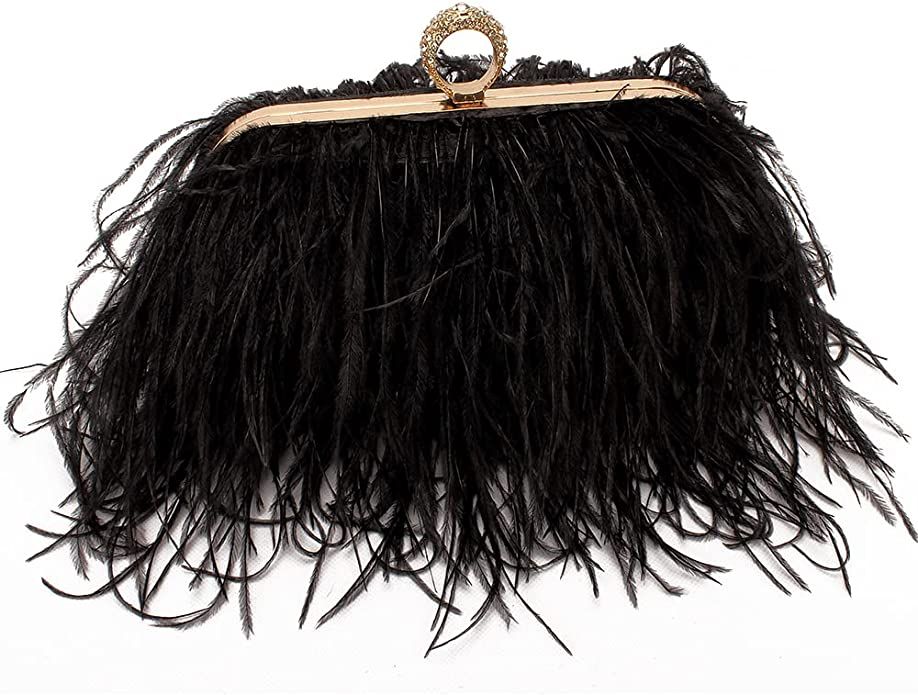 Women Real Natural Ostrich Feather Evening Bags Purses Clutch Vintage Banquet Handbag (black): Ha... | Amazon (US)
