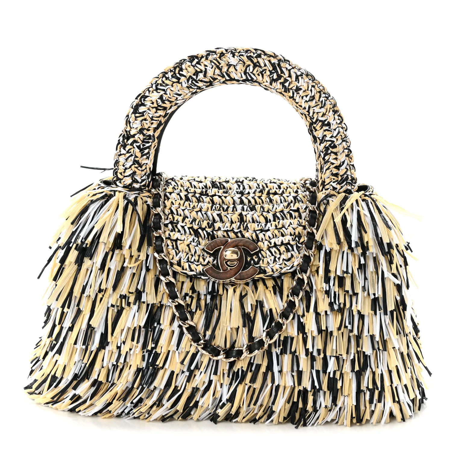 Raffia Fringe Nano Kelly Shopper Yellow Beige Black | FASHIONPHILE (US)