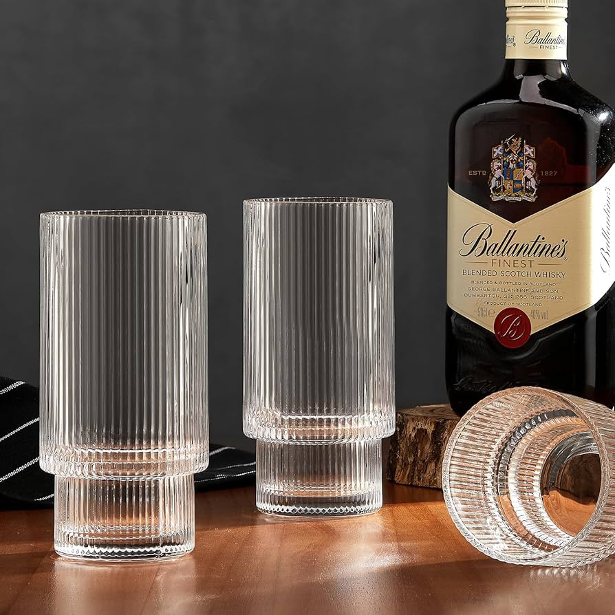6 Pack Ribbed Drinking Glasses, 16 oz Vintage Glass Cups, Highball Glasses, Premium Iced Coffee G... | Amazon (US)
