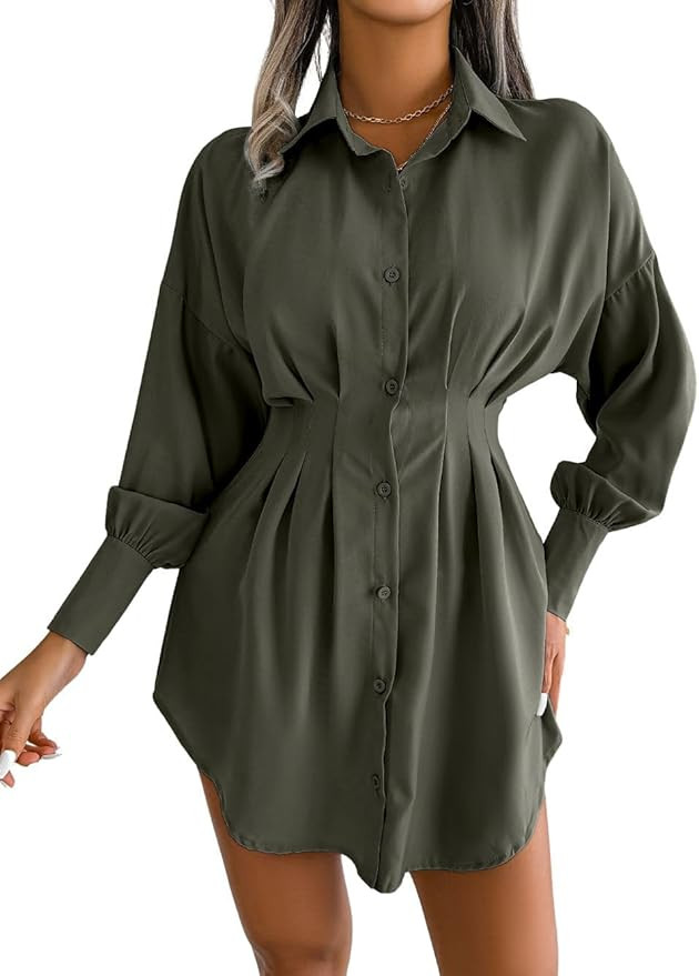 Shirt Dresses for Women Pleated Mini Dress Button Down Lantern Long Sleeve Tunics Blouse Tops Sho... | Amazon (US)