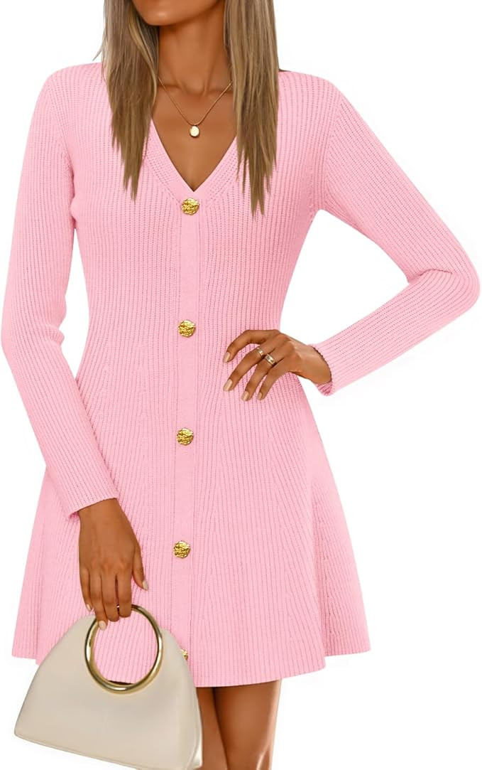 ZESICA Women's Fall Long Sleeve Sweater Dress 2026 Casual V Neck Button Ribbed Knit A Line Swing ... | Amazon (US)