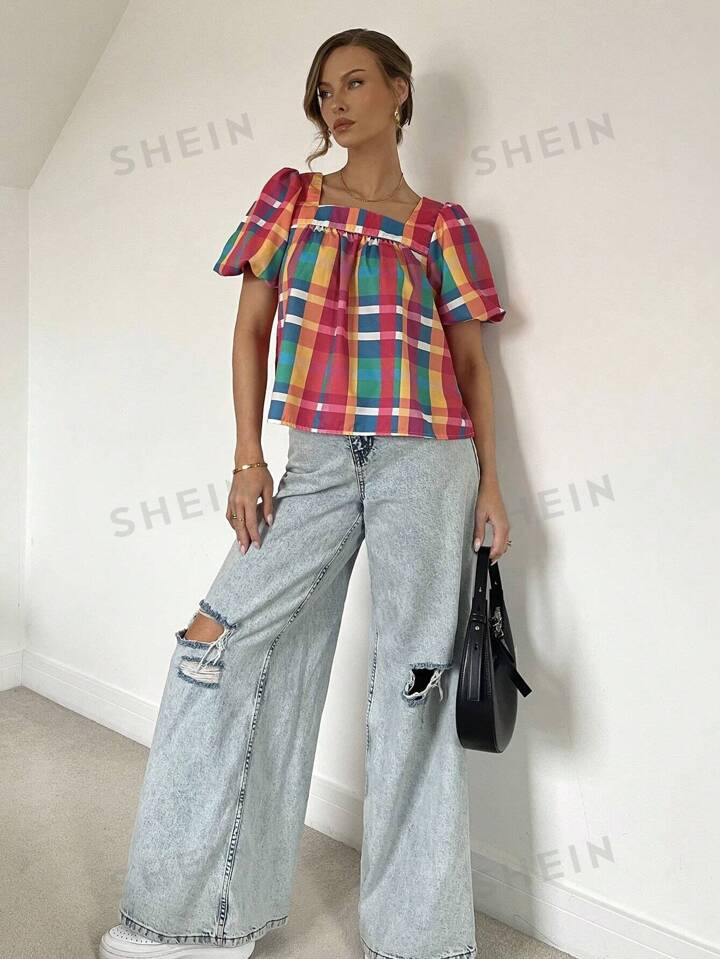 SHEIN Essnce Women's Colorful Plaid Square Collar Puff Sleeve Shirt, Unique & Cute Babydoll Blous... | SHEIN