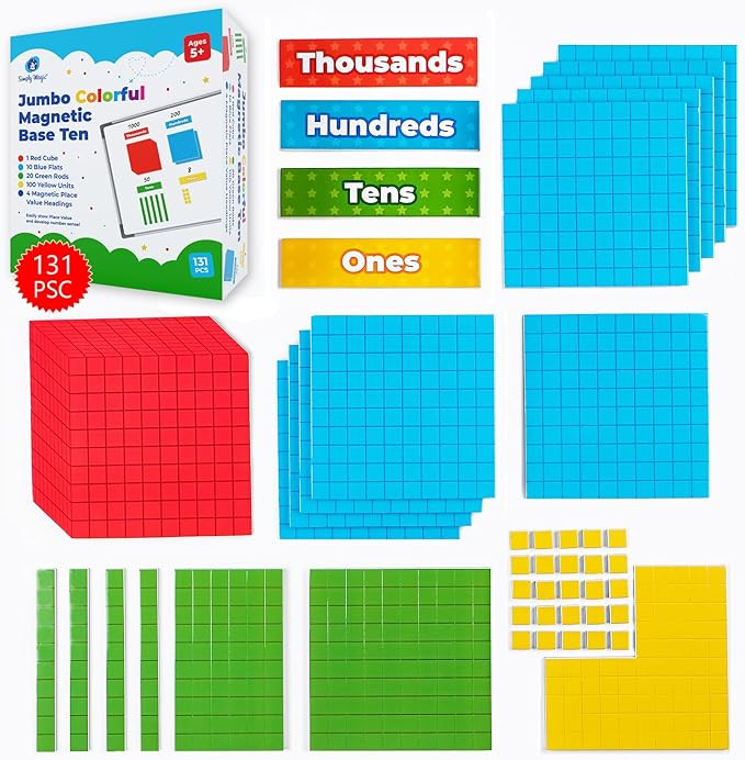 Simply magic 131+4 PCS Jumbo Colorful Magnetic Base Ten Blocks for Math + Headings - Place Value ... | Amazon (US)