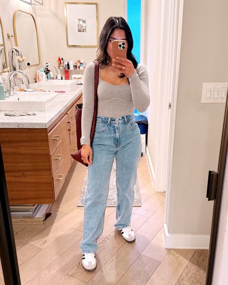 Casual outfit for dinner! Love these high rise 90s jeans and this knit bodysuit! My bodysuit is on sale under $40 and comes in a few other colors! Wearing a small in bodysuit and true size in jeans curve love fit and regular length