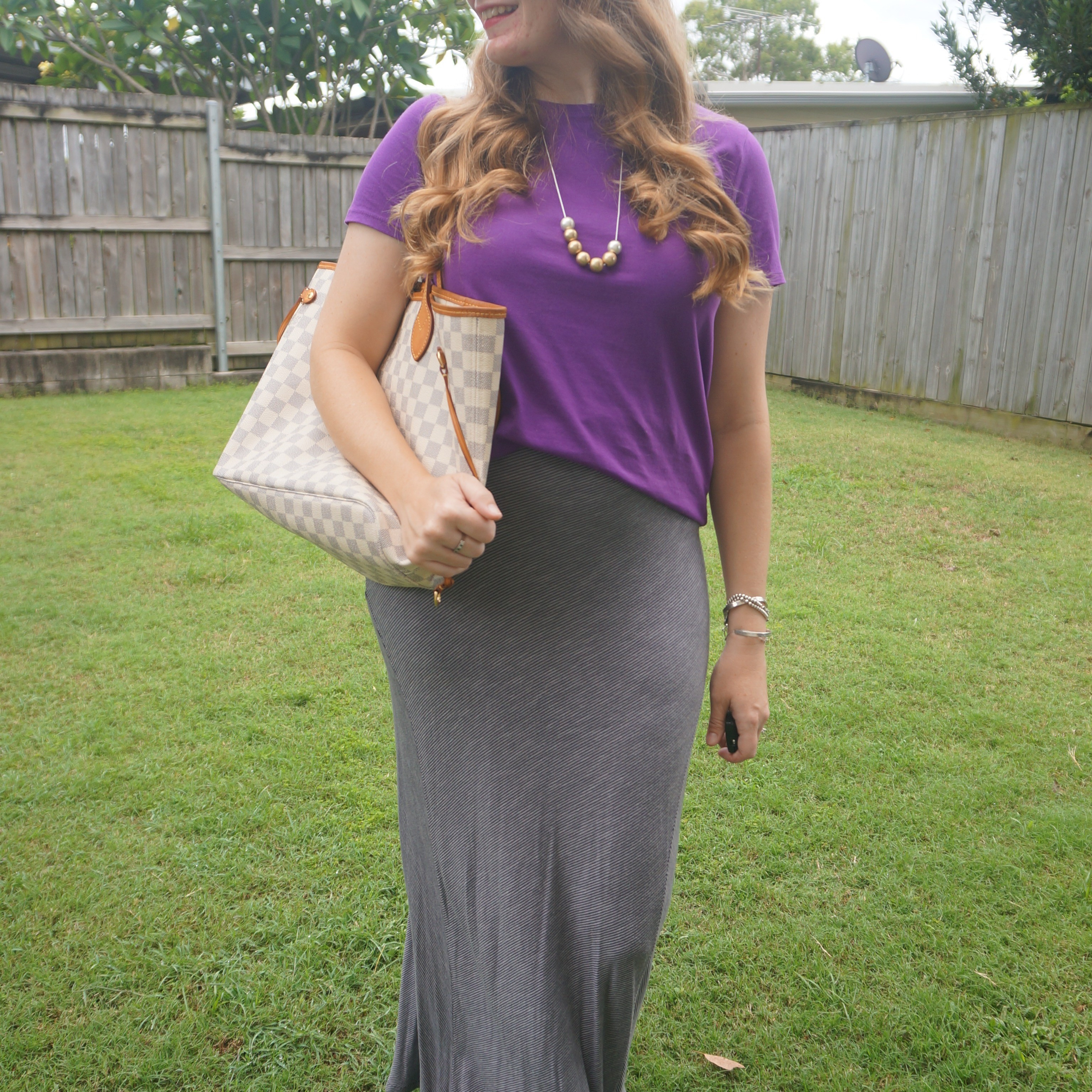 Purple tee and grey pinstripe maxi skirt, a very comfortable outfit for a very crazy day. Got my big Louis Vuitton damier azur neverfull tote bag out again 💜

#LTKbag #LTKsummer #LTKaustralia