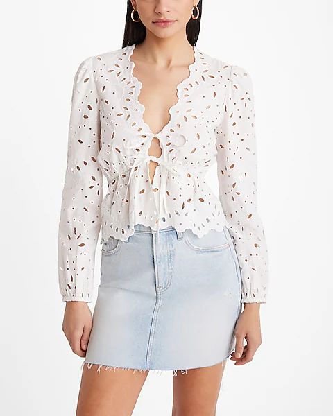 Eyelet V-Neck Double Tie Front Top | Express