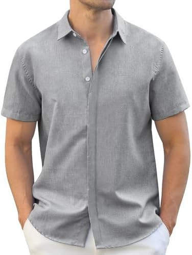 Men's Button-Down Shirts Wrinkle Free Short Sleeve Shirt Textured Linen-Look Casual Top for Summe... | Amazon (US)
