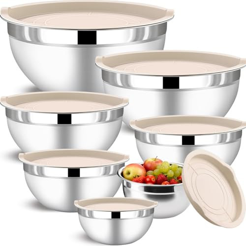 Funnydin 7 Piece Stainless Steel Mixing Bowls with Lids Set - Khaki Nesting Metal Mixing Bowls for Kitchen, Sizes 4.5, 4, 3.5, 2.1, 1.5, 1.1, 0.7 Qt for Baking, Cooking and Serving, Dishwasher Safe | Amazon (US)