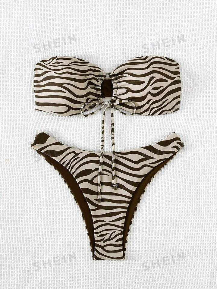 SHEIN Swim Vcay Zebra Stripe Drawstring Bandeau Bikini Swimsuit | SHEIN