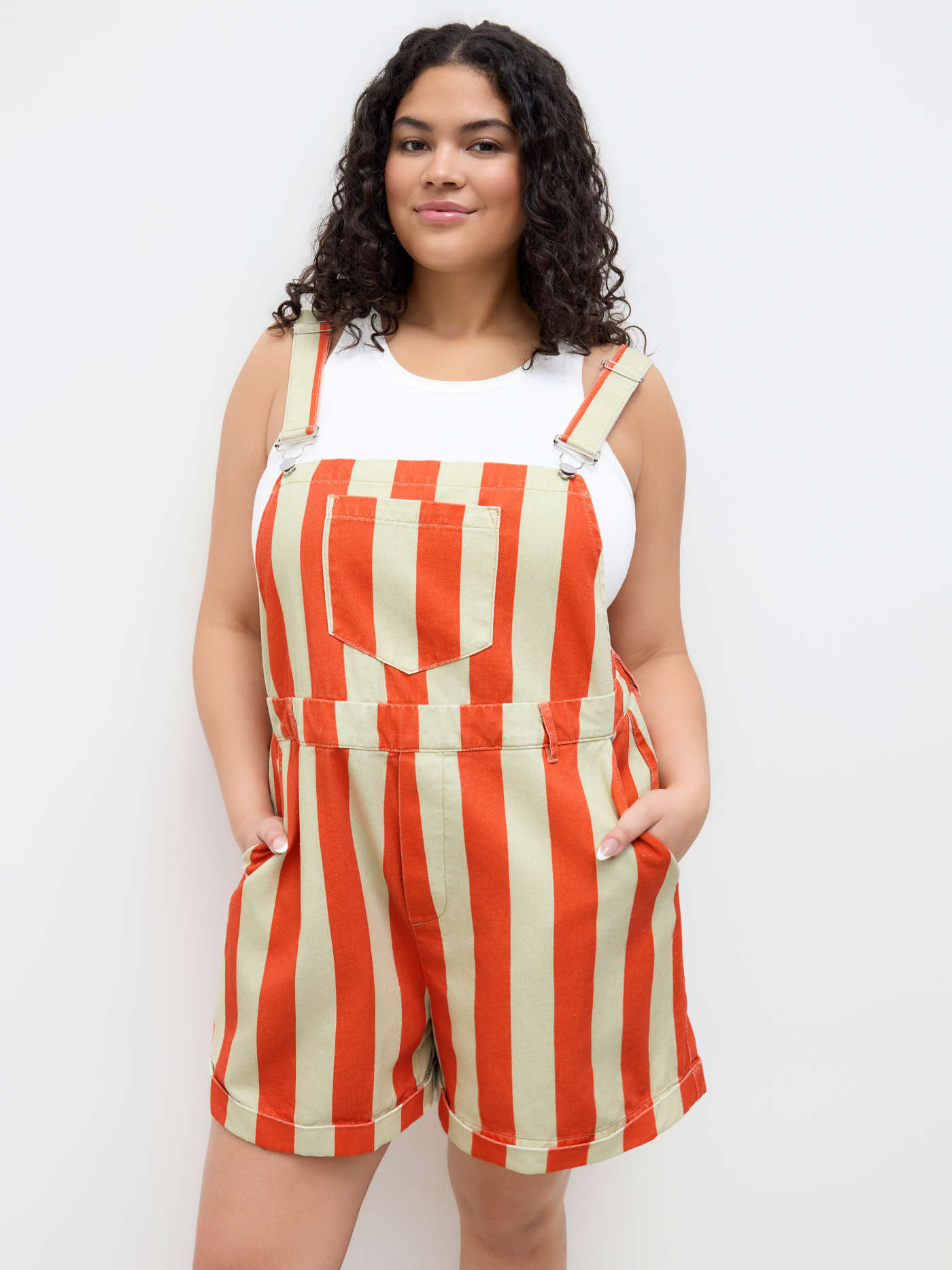 Denim Denim Stripe Pocket Roll Hem Romper Curve & Plus For Vacation | Cider