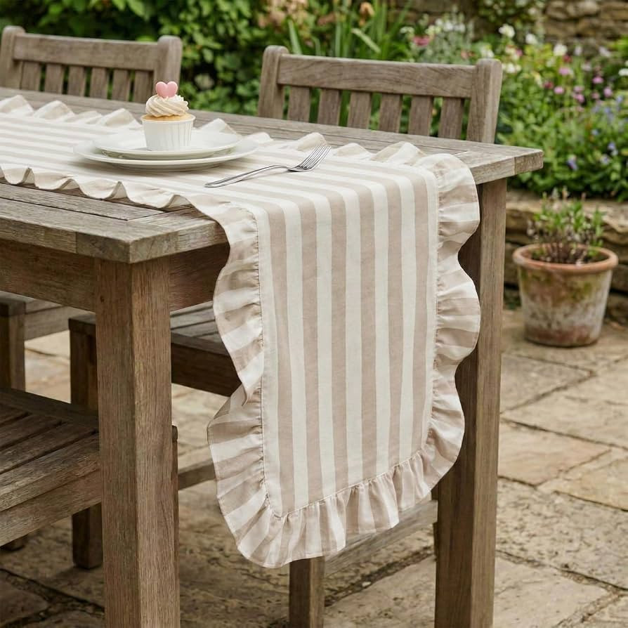 Tegeme Brown Stripe Ruffle Table Runner 100% Cotton Scalloped Table Runner for Home Dinner Birthd... | Amazon (US)
