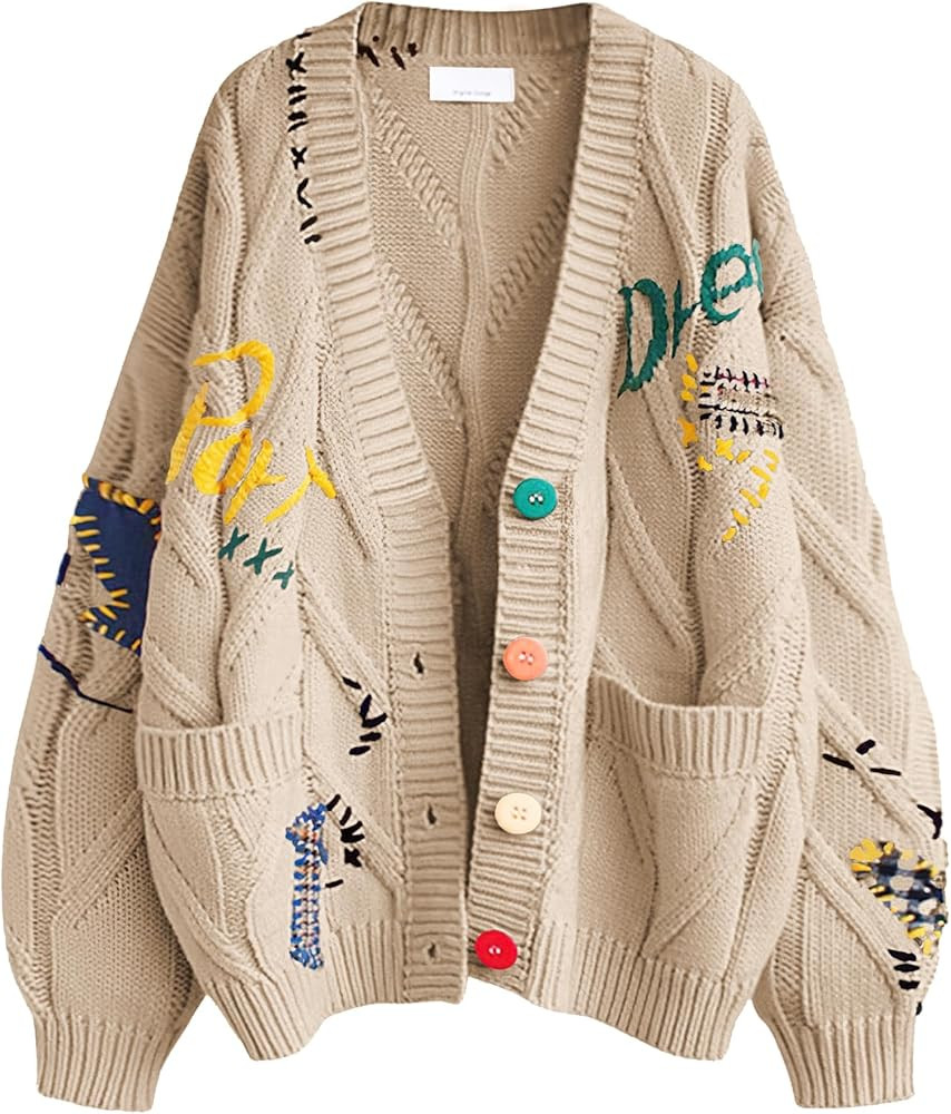 Women's Cable Knit Long Sleeve Open Front Cardigan Sheep V-Neck Button Down Embroidery Wool Blend... | Amazon (US)