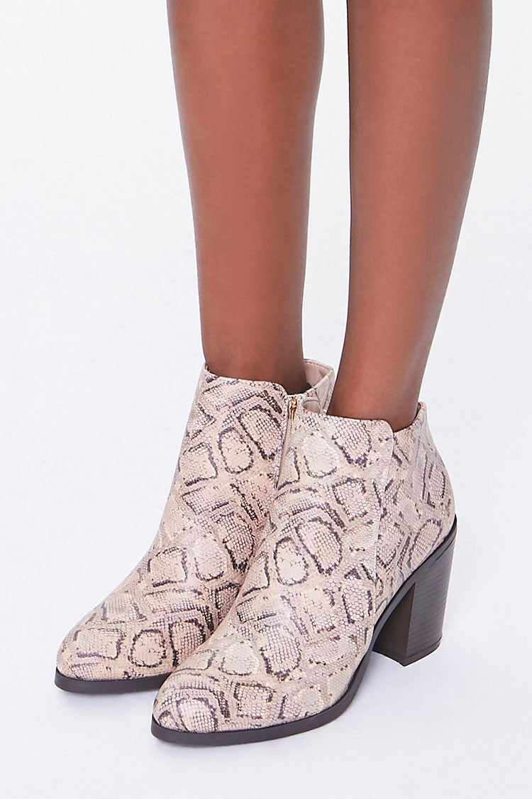 Faux Snakeskin Block Heel Booties in Nude, Size 7.5 | Forever 21 (US)